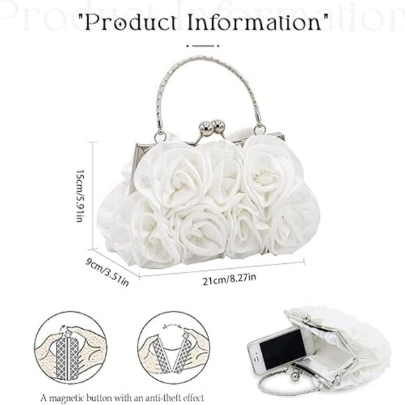 Women Evening Clutch Bag Floral Satin Small Purses with Detachable Strap - Picture 2 of 6